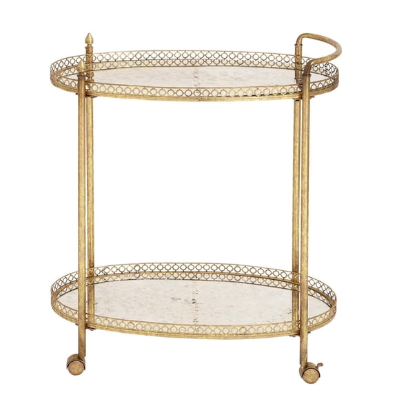 DecMode 30" x 35" Gold Metal Rolling Oval 2 Shelf Bar Cart with Vintage Inspired Details, 1-Piece