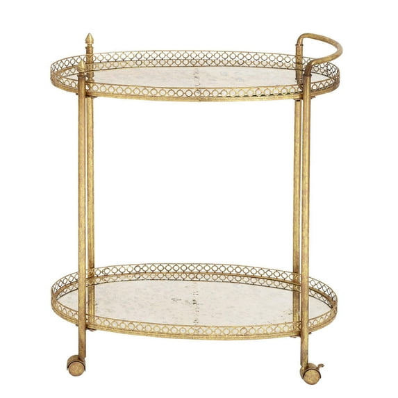 DecMode 30" x 35" Gold Metal Rolling Oval 2 Shelf Bar Cart with Vintage Inspired Details, 1-Piece