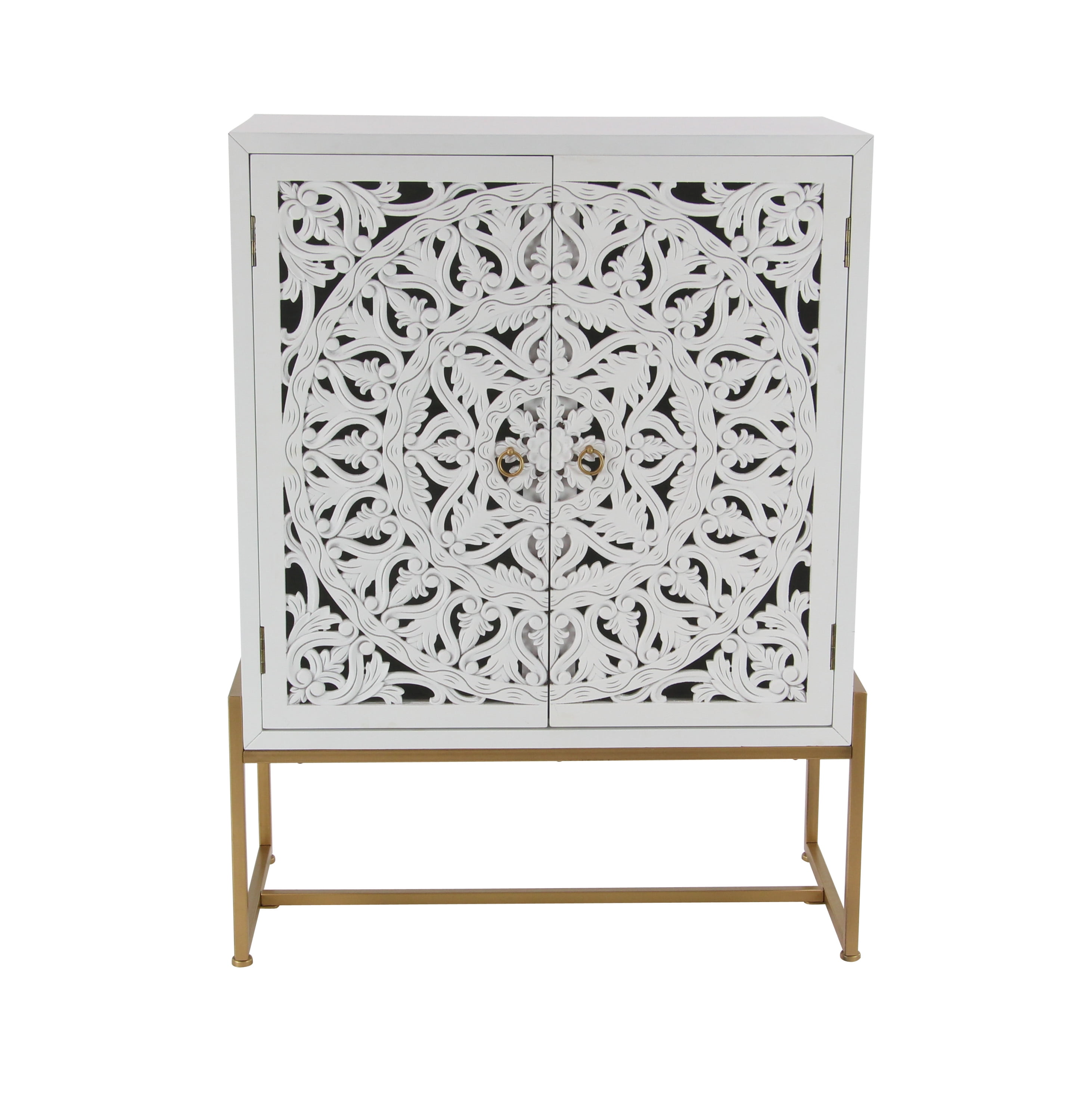 Elegant 42'' White Wood Carved Floral Cabinet with Gold Accents