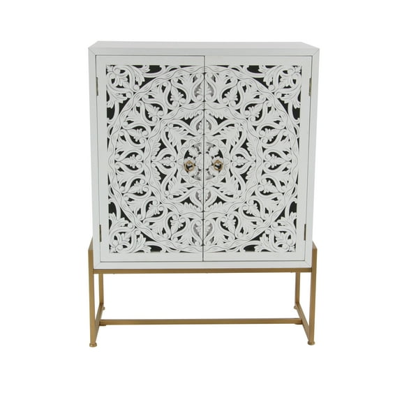 DecMode 30" x 42" White Wood Intricately Carved 1 Shelf and 2 Doors Floral Cabinet, 1-Piece