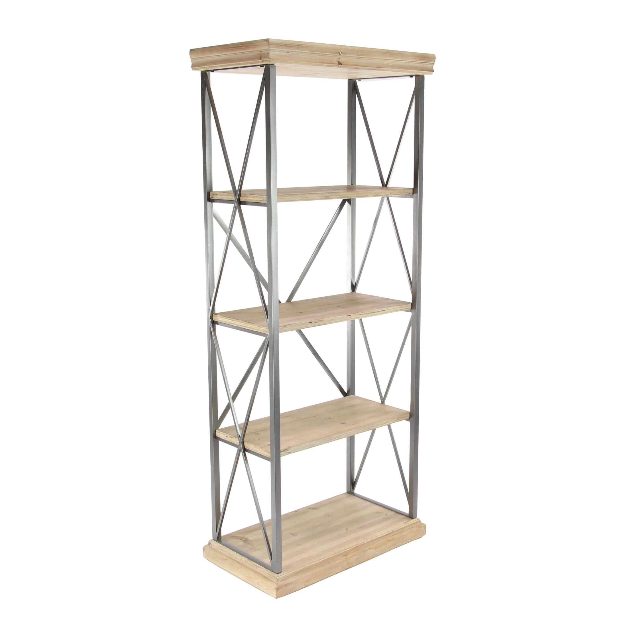 DecMode 30" x 72" Light Brown Wood 4-Tier Shelving Unit with Gray Metal X-Frame, 1-Piece
