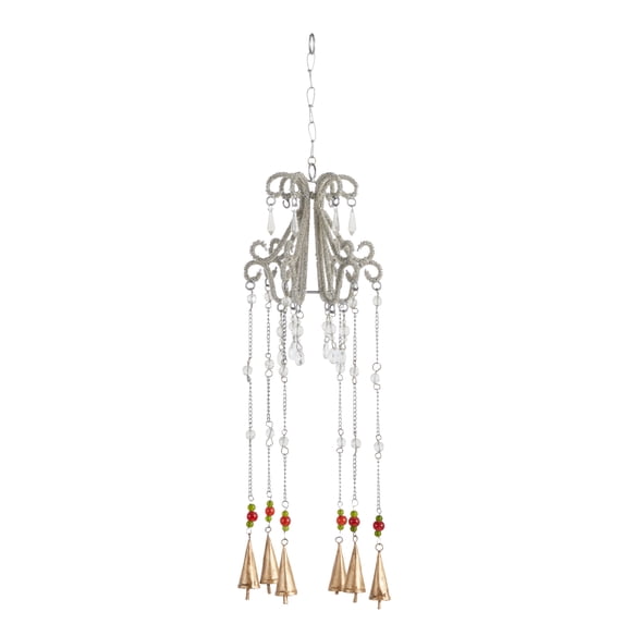 DecMode 31" Silver Metal Indoor Outdoor Embellished Chandelier Windchime with Glass Beads and Cone Bells