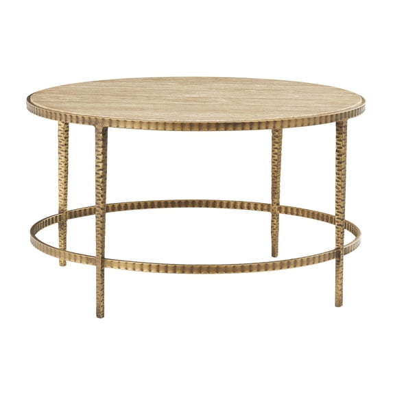 DecMode 31" x 18" Beige Marble Round Coffee Table with Hammered Gold Metal Legs, 1-Piece