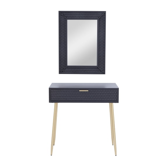 DecMode 31" x 31" Black Wood Single Drawer Console Table with Mirror, 2-Pieces