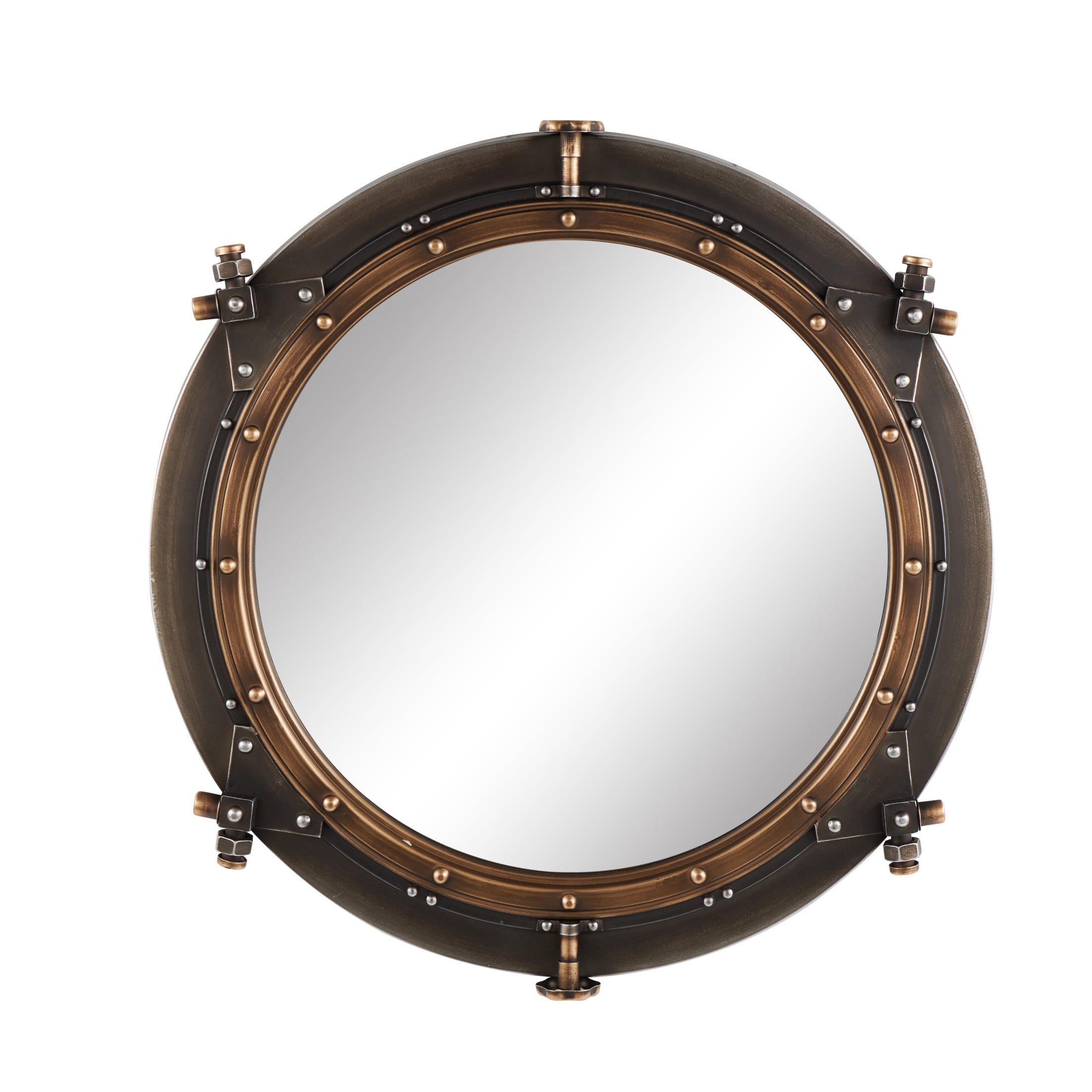 DecMode 31" x 31" Brass Gear Wall Mirror with Gold Inner Rim and Silver Accents