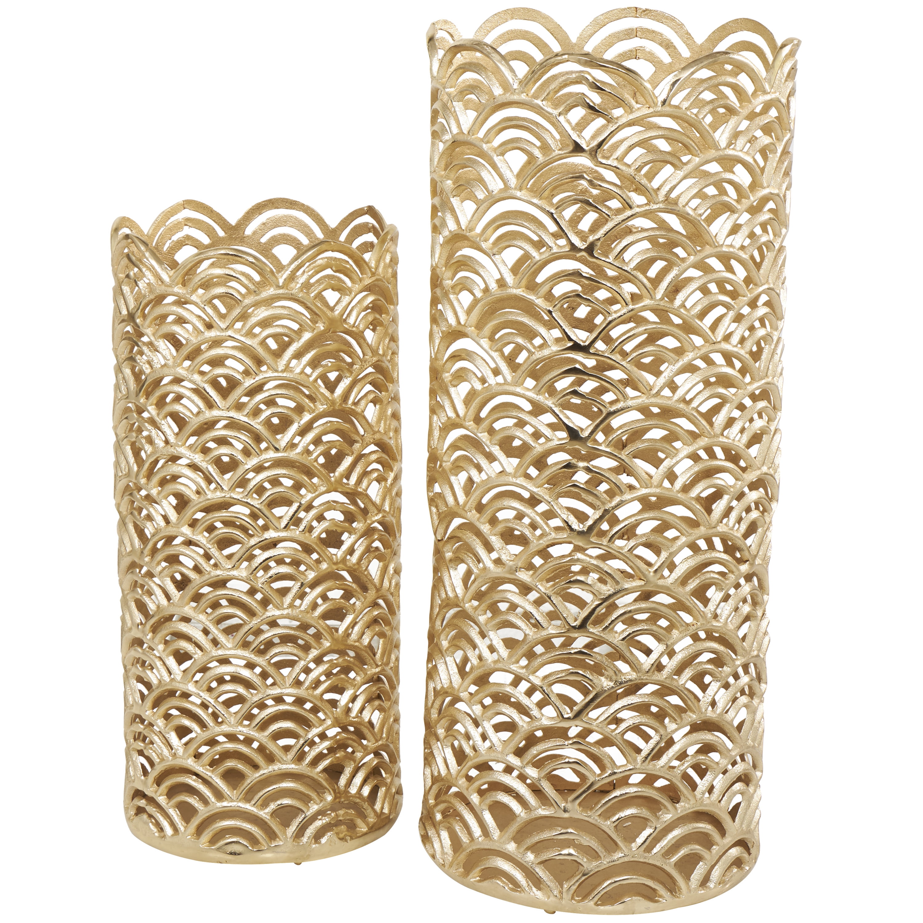 DecMode 32", 13"H Geometric Art Deco Inspired Gold Aluminum Metal Vase with Arch Designs, Set of 2