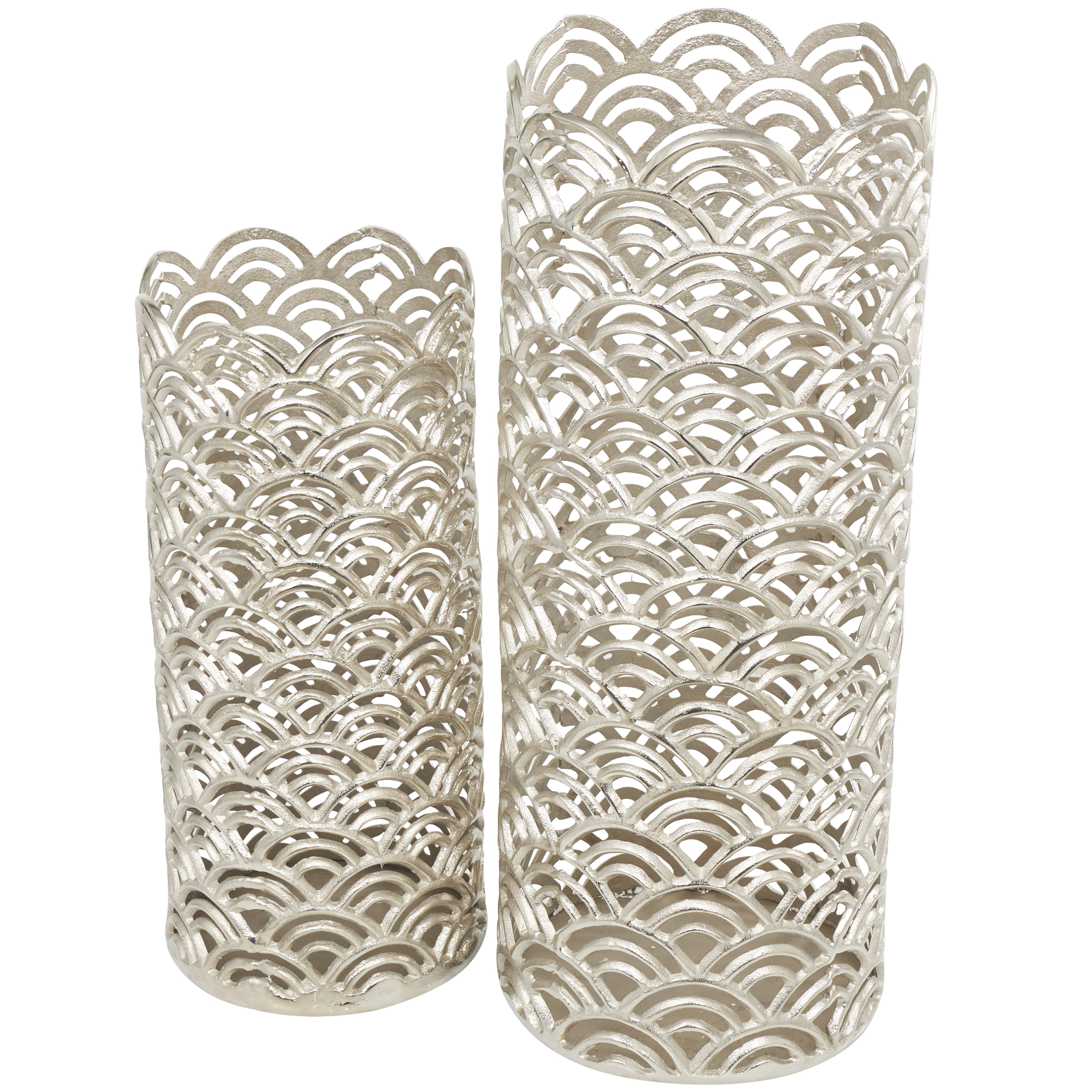 DecMode 32", 13"H Geometric Art Deco Inspired Silver Aluminum Metal Vase with Arch Designs, Set of 2