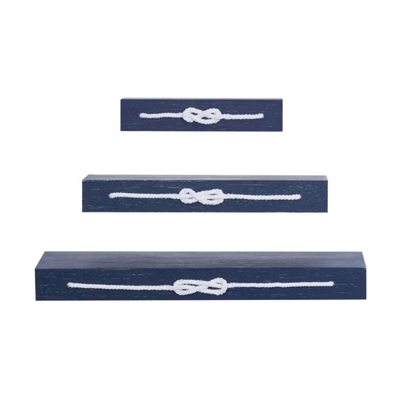 DecMode 32", 24", 16"W 3-Tier Blue Knot Wall Shelf with Knotted Rope (3 Count)