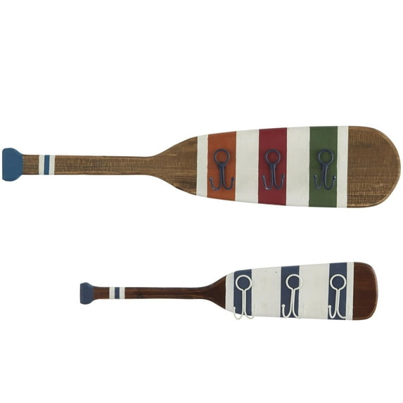DecMode 32", 24"W Multi Colored Wood 12 Hangers Paddle Wall Hook with Stripe Patterns, 2-Pieces
