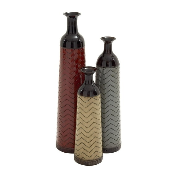 DecMode 32", 27", 22"H Tall Enameled Bottleneck Floor Multi Colored Metal Vase with Chevron Pattern, Set of 3