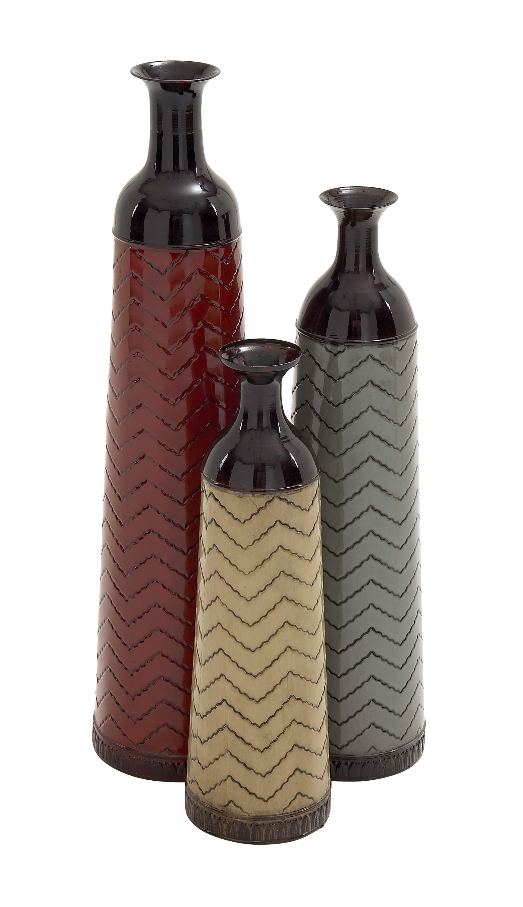 Tall Multi-Colored Metal Floor Vases with Chevron Pattern, Set of 3
