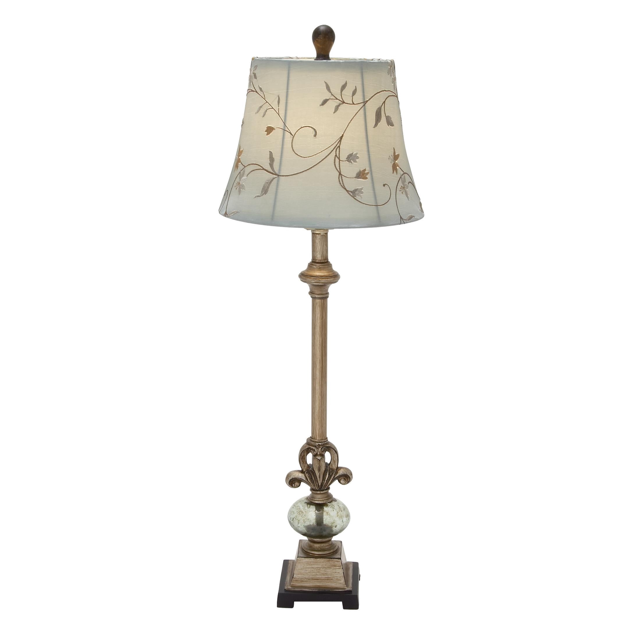 DecMode 32" Antique Style Floral Brass Buffet Lamp with Blue Linen Shade