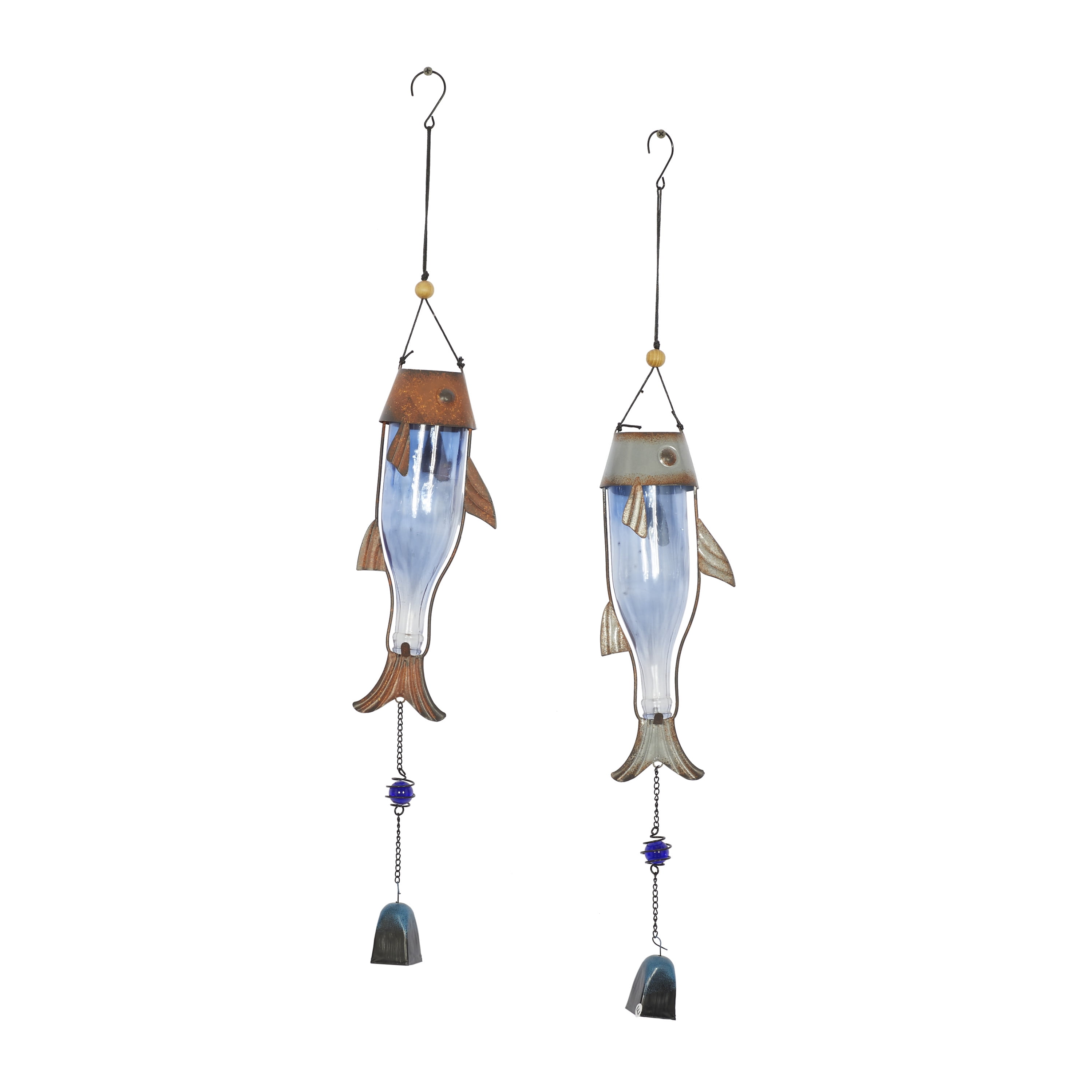 Blue Glass and Metal Fish Wind Chimes with Beads, Set of 2