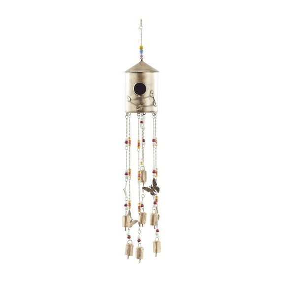 DecMode 32" Bronze Metal Handmade Birdhouse Butterfly Windchime with Glass Beads and Bells