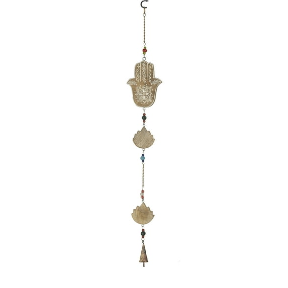 DecMode 32" Brown Mango Wood Hamas Buddha Windchime with Glass Beads and Cone Bell