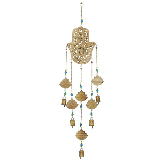 DecMode 32" Brown Mango Wood Hamas Buddha Windchime with Glass Beads and Cone Bells