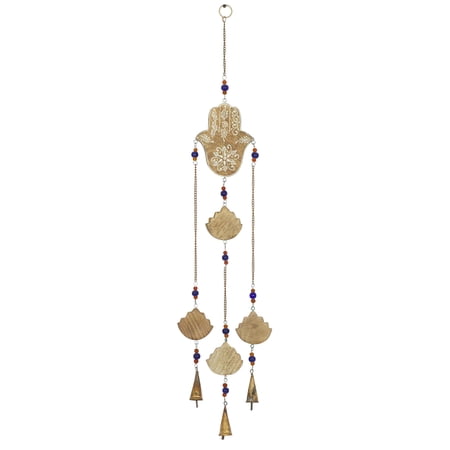 DecMode 32" Brown Mango Wood Handmade 3 String Hamsa Buddha Windchime with Glass Beads and Cone Bells