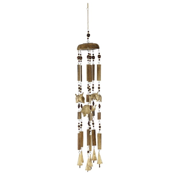 DecMode 32" Brown Wood Elephant Windchime with Beads and Cone Bells