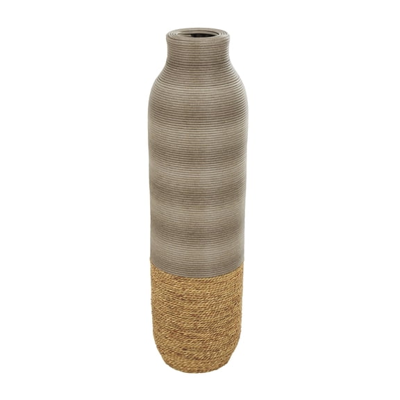 DecMode 32" Handmade Ribbed Brown Seagrass Vase with Coiled Seagrass Base