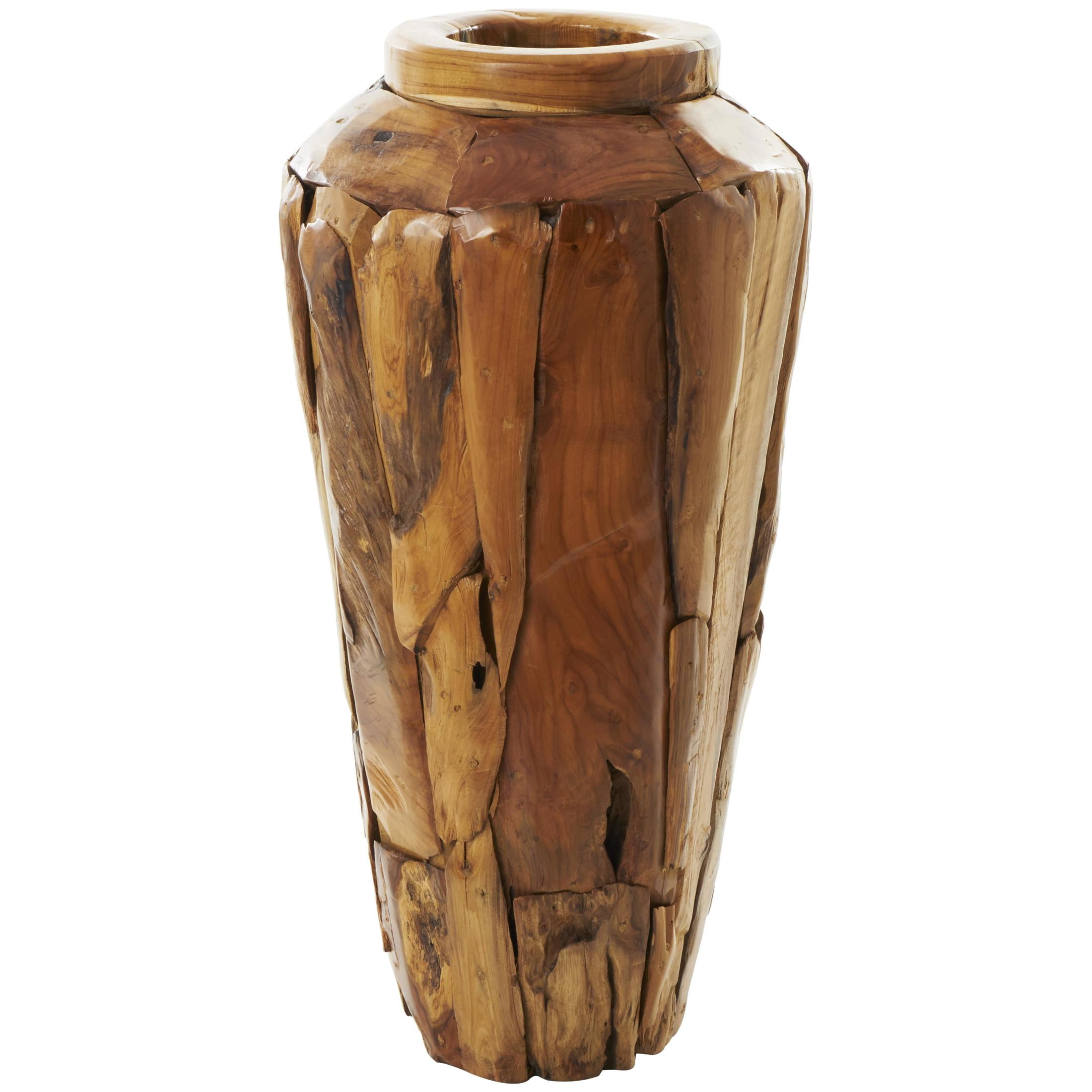 DecMode 32" Handmade Tall Floor Brown Teak Wood Vase with Mosaic Live Edge Pieces