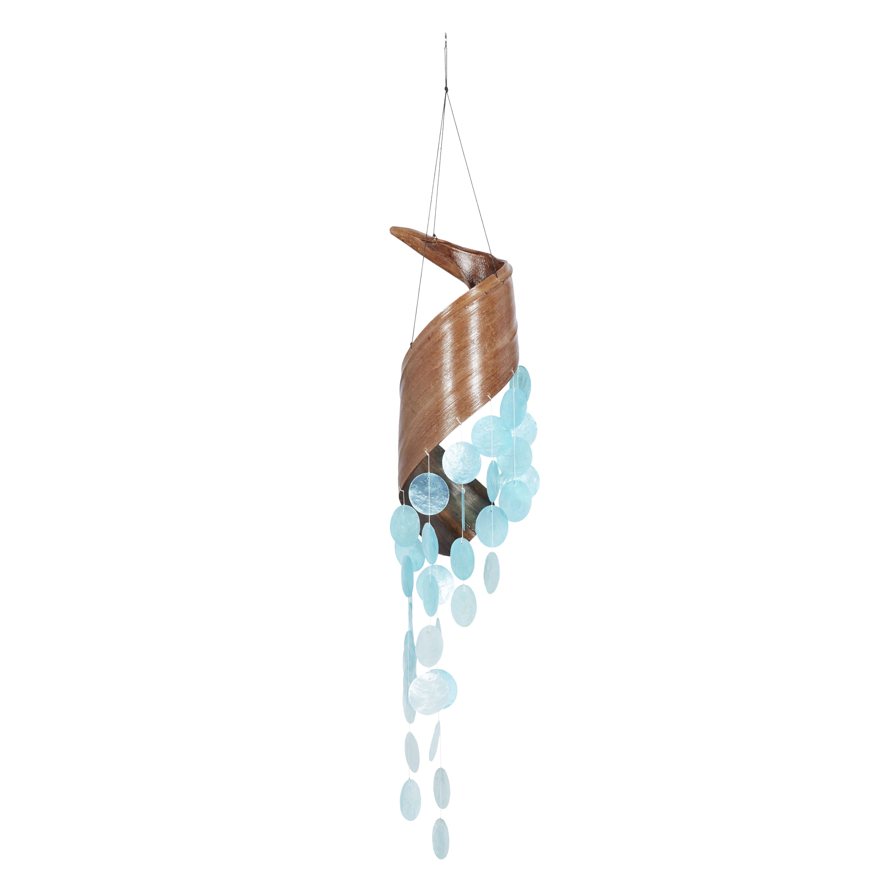 Teal Capiz Shell Spiral Wind Chime with Wooden Accent