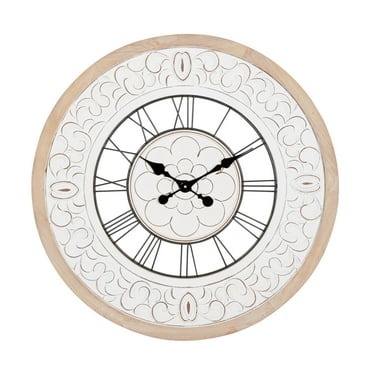 DecMode 32" White Wooden Floral Carved Wall Clock with Black Metal Accents
