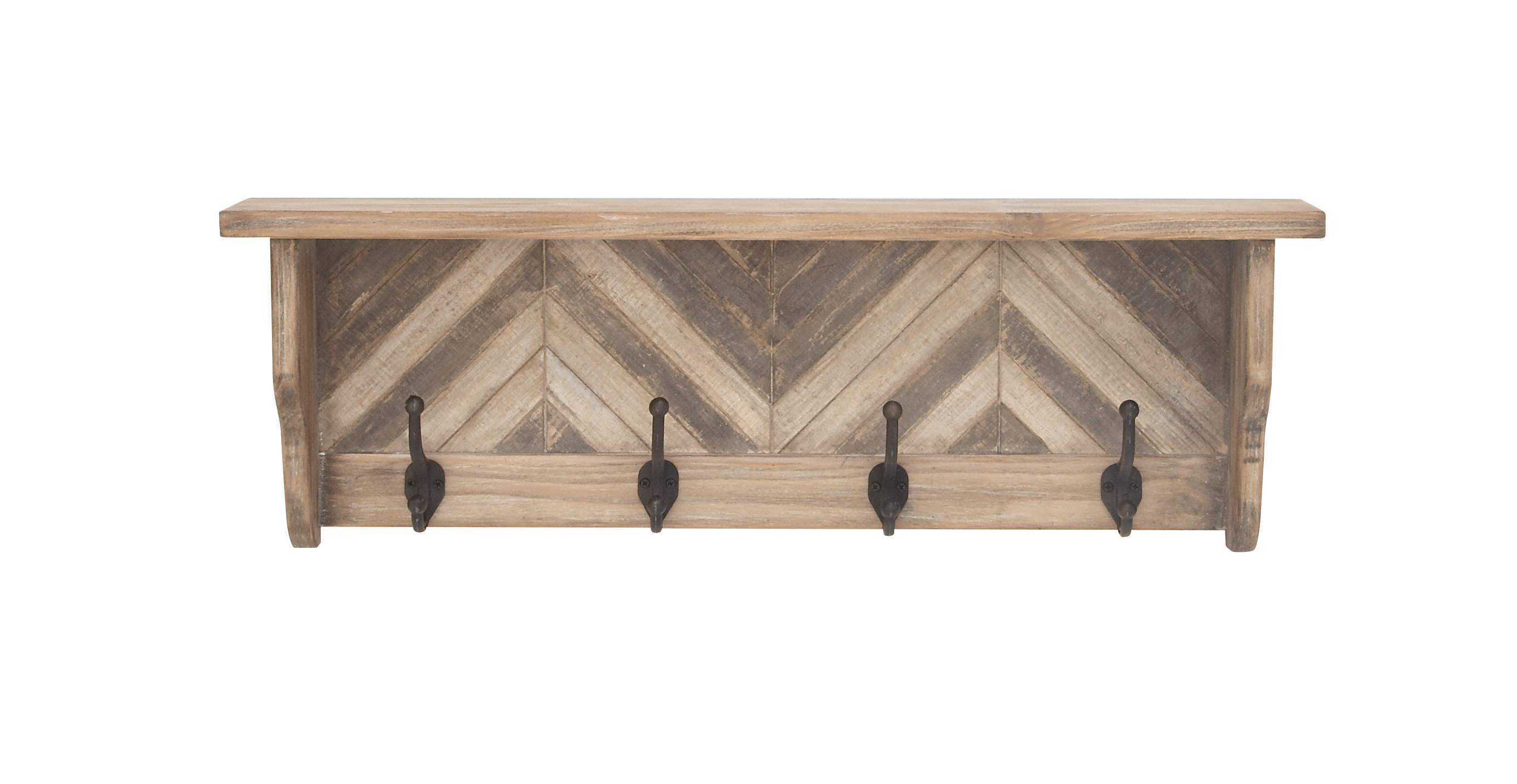 Brown Wood and Metal Chevron Wall Shelf with Hooks