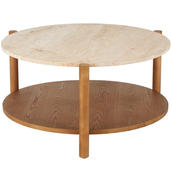 DecMode 32" x 16" Brown Wood Coffee Table with Beige Round Marble Top, 1-Piece