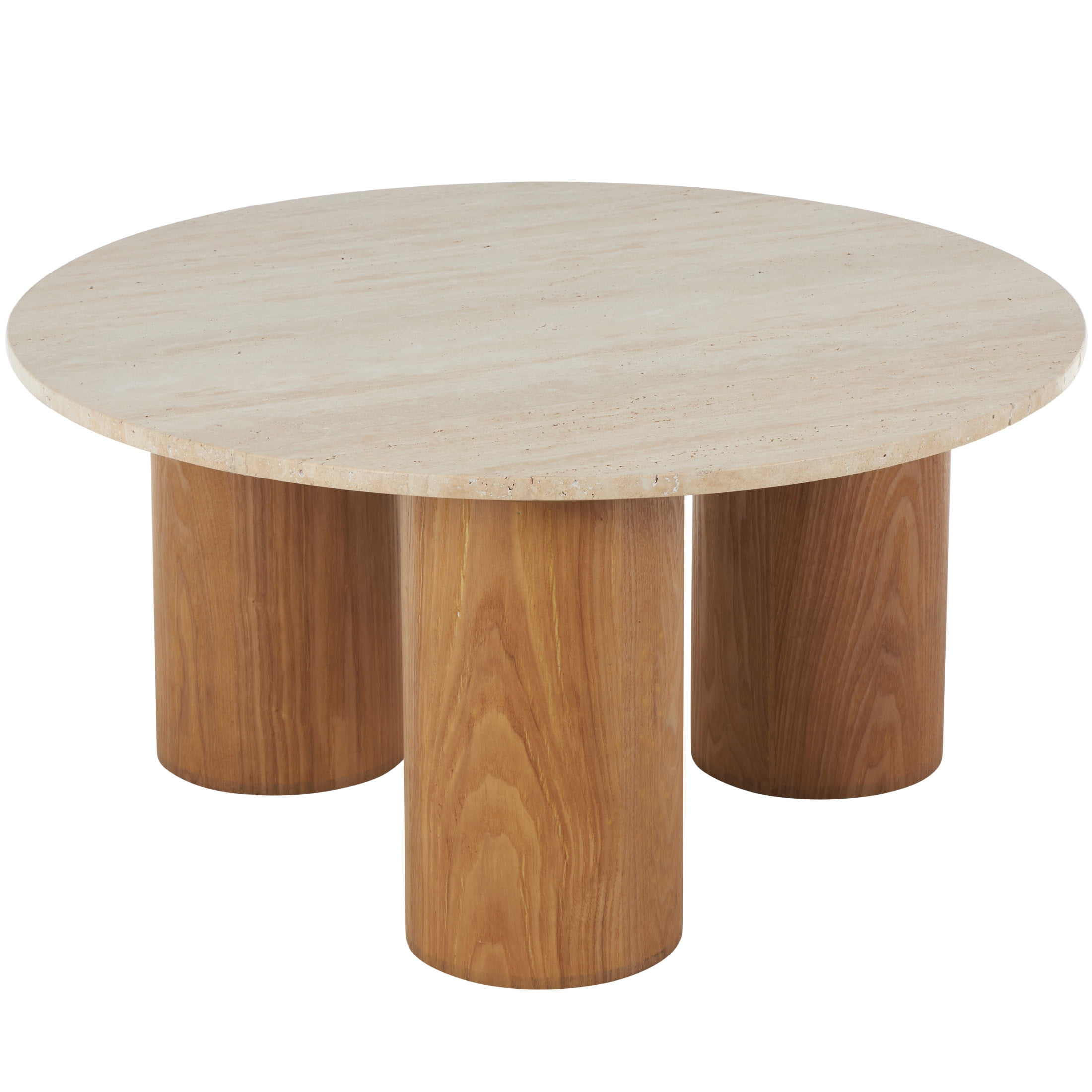 DecMode 32" x 16" Brown Wood Coffee Table with Beige Round Marble Top, 1-Piece