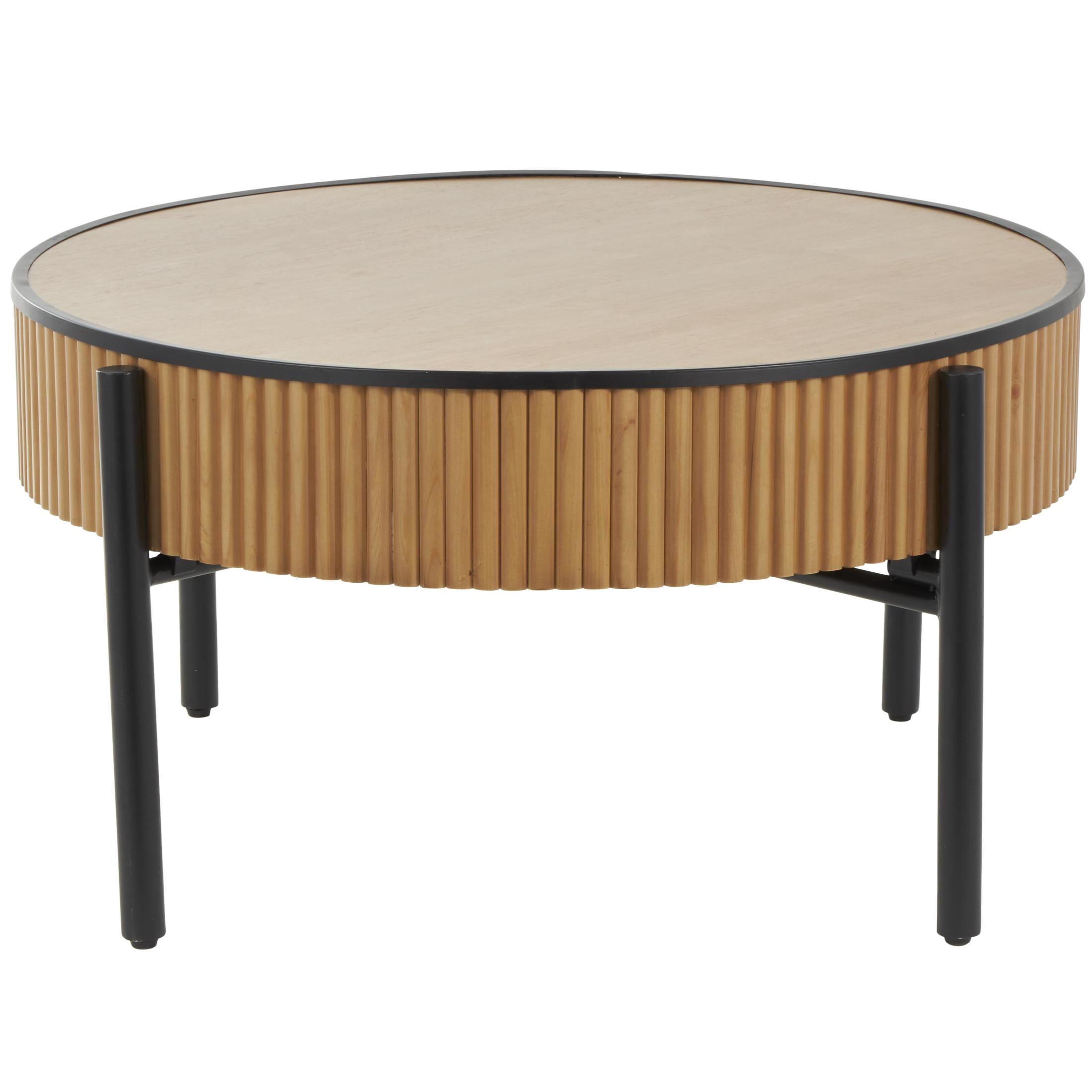 DecMode 32" x 17" Brown Wooden Handmade Slatted Coffee Table with Black Metal Legs, 1-Piece