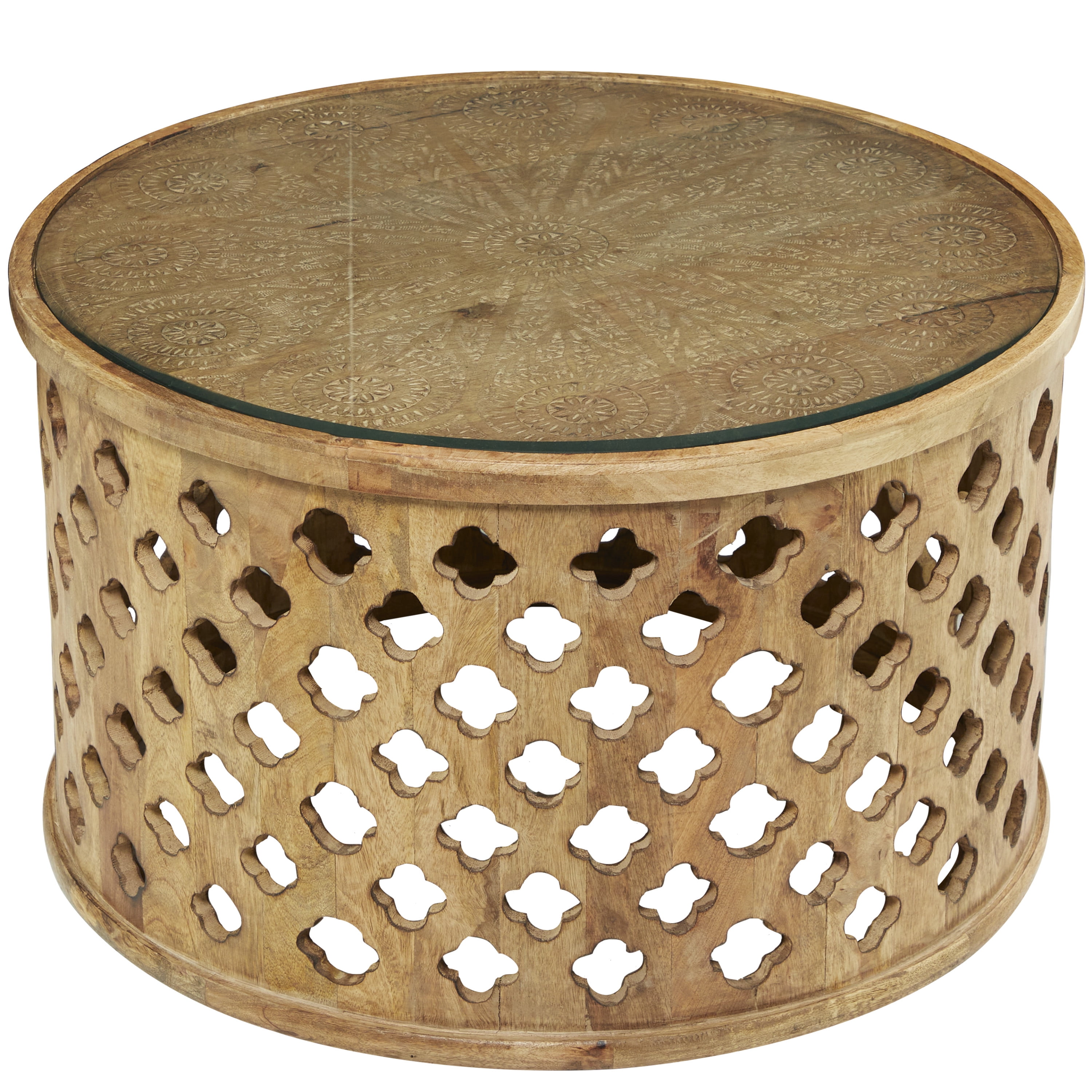 DecMode 32" x 18" Brown Wood Quatrefoil Design Coffee Table with Clear Glass Top, 1-Piece