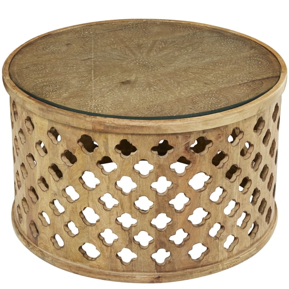 DecMode 32" x 18" Brown Wood Quatrefoil Design Coffee Table with Clear Glass Top, 1-Piece