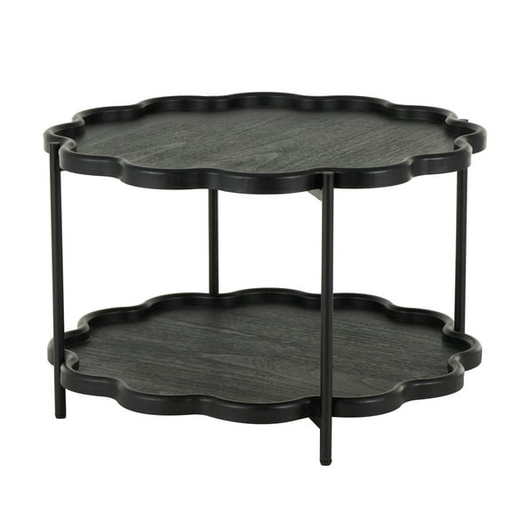 DecMode 32" x 20" Black Wood Floral Inspired 2 Level Coffee Table with Metal Legs, 1-Piece