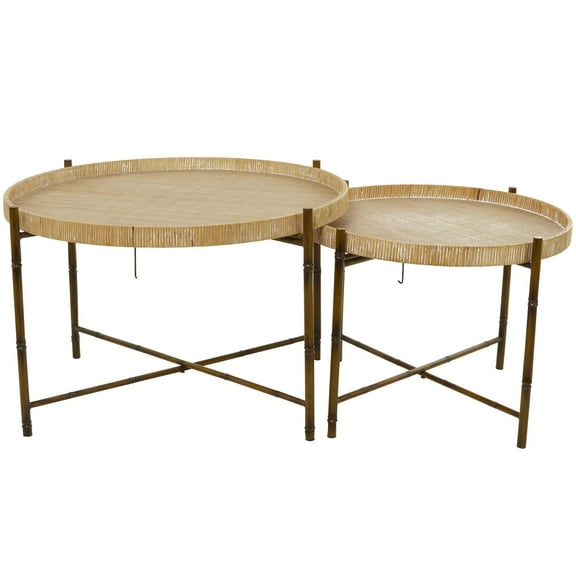 DecMode 20", 18"H Brown Rattan Nesting Coffee Table with Metal Bamboo Inspired Legs, 2-Pieces