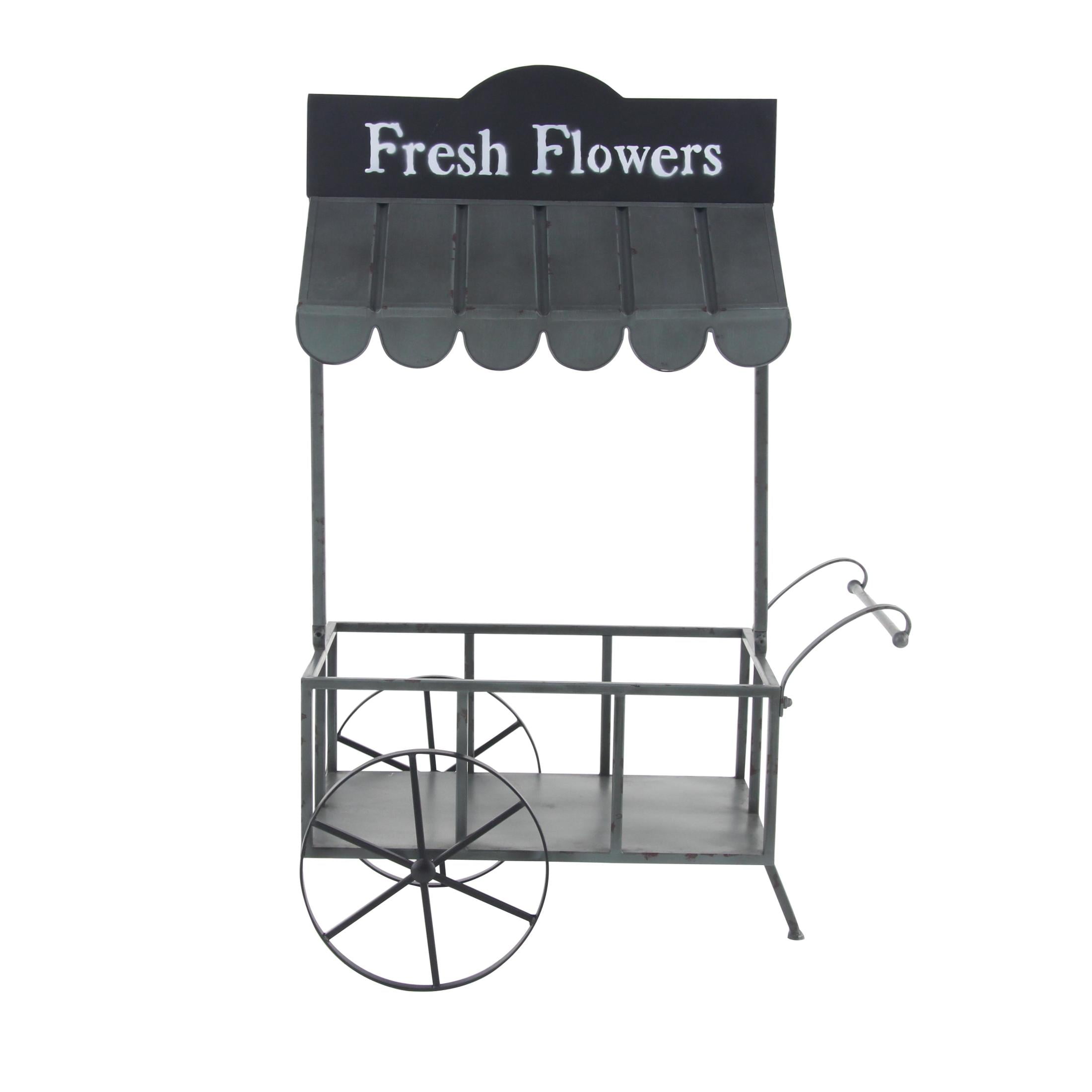 DecMode 32" x 21" x 44" Black Metal Flower Cart Plantstand