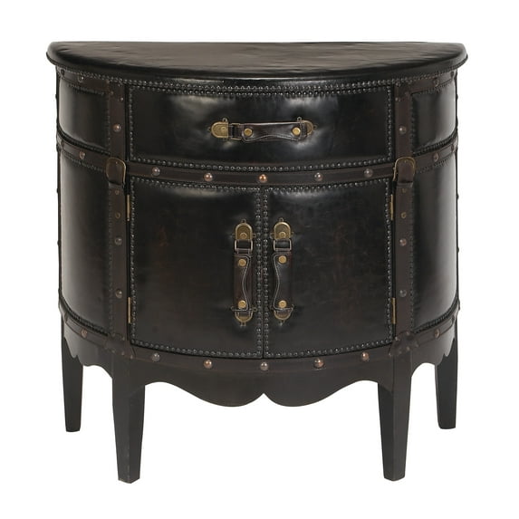 DecMode 32" x 31" Dark Brown Wood Vintage Faux Leather Cabinet with Faux Leather Buckle Straps and Stud Details, 1-Piece
