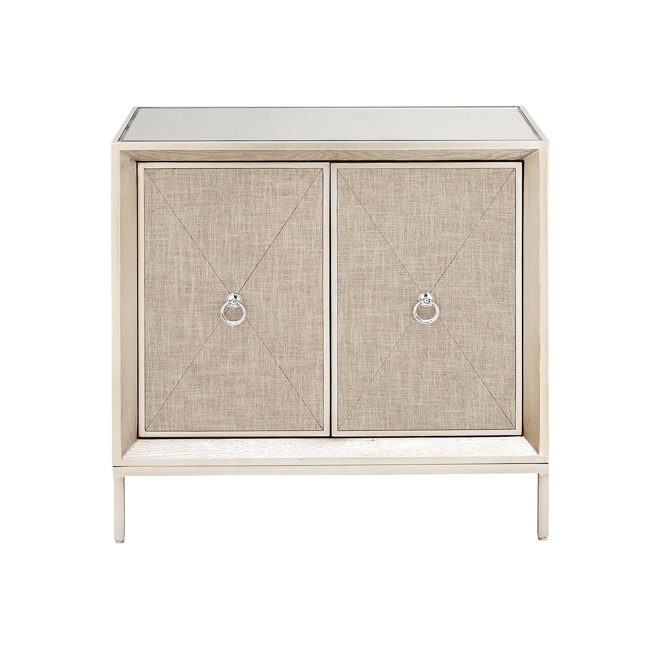 DecMode 32" x 32" Beige Wooden Upholstered Front Panel 2 Door Cabinet with Mirrored Top and Ring Handles, 1-Piece