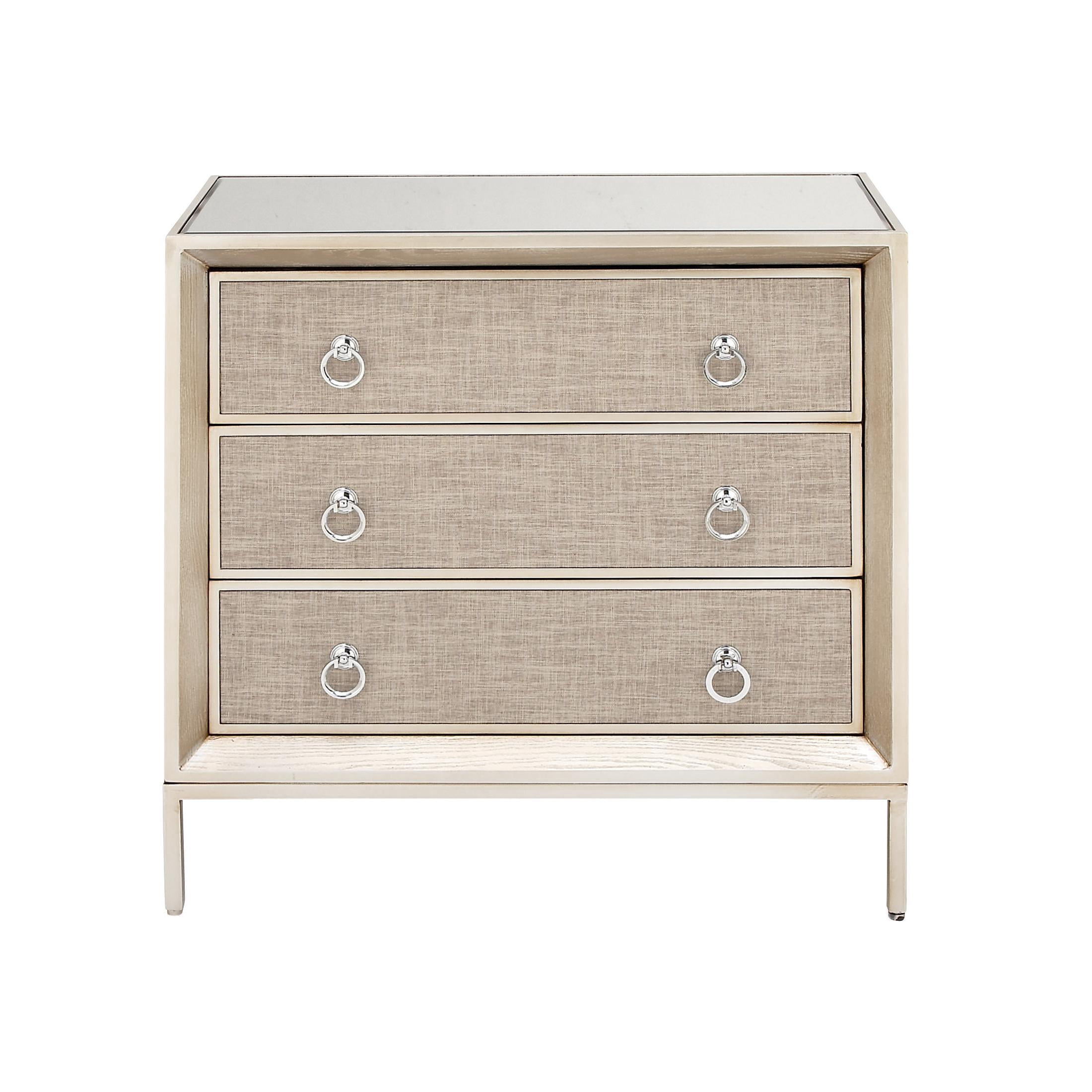 DecMode 32" x 32" Beige Wooden Upholstered Front Panel 3 Drawer Chest with Mirrored Top and Ring Handles, 1-Piece
