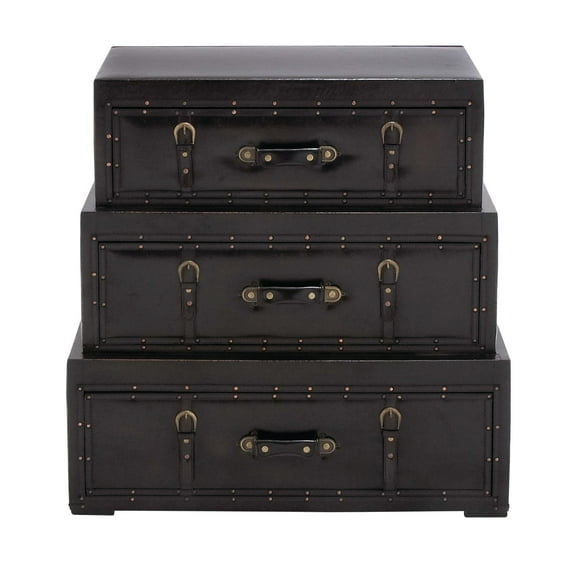 DecMode 32" x 32" Black Wood Vintage Faux Leather Chest with Buckles and Straps Detailing, 1-Piece
