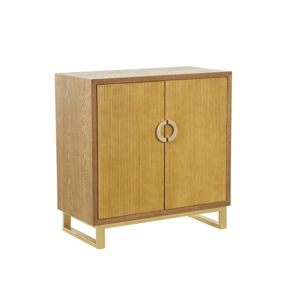DecMode 32" x 32" Brown Wooden 2 Door Geometric Cabinet with Gold Vertical Grooves and Curved Handles, 1-Piece