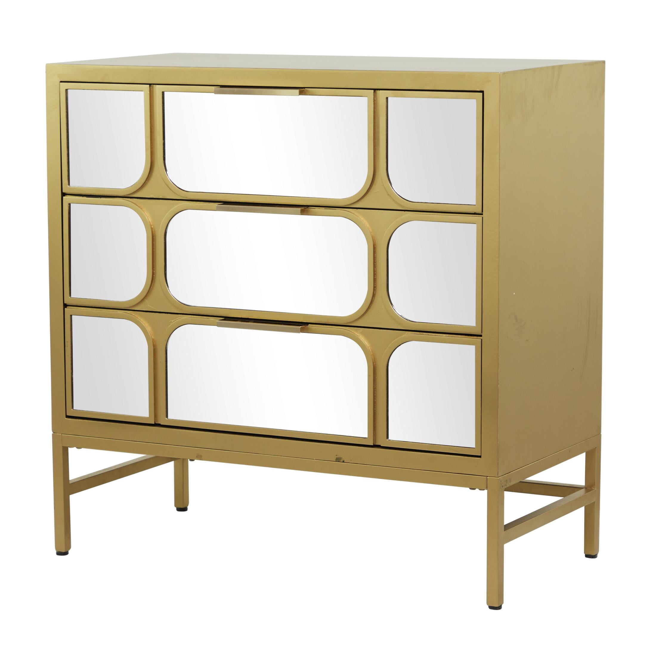 DecMode 32" x 32" Gold Wooden 3 Drawer Chest with Mirrored Front, 1-Piece