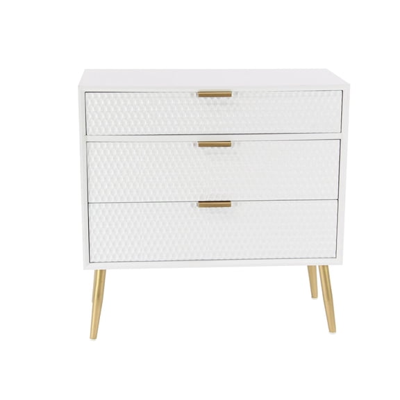DecMode 32" x 32" White Wooden Geometric 3 Drawer Chest with Gold Metal Legs, 1-Piece
