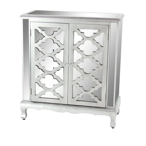 DecMode 32" x 34" Silver Wood Mirrored 1 Shelf and 2 Doors Geometric Cabinet, 1-Piece