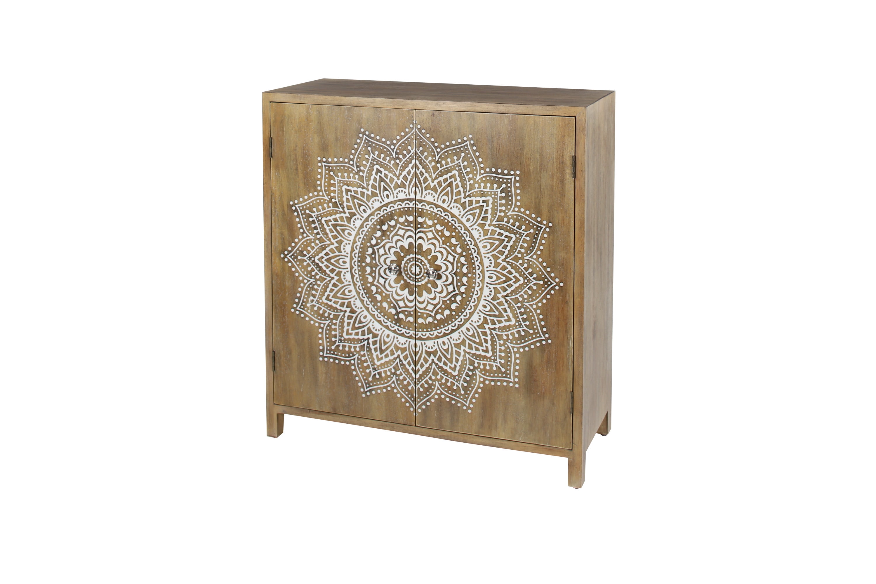 Brown Wood Intricately Carved Floral Cabinet with Shelf and Doors