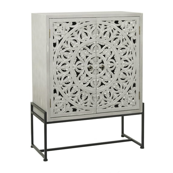 DecMode 32" x 42" Gray Wood Intricately Carved 1 Shelf and 2 Doors Floral Cabinet, 1-Piece