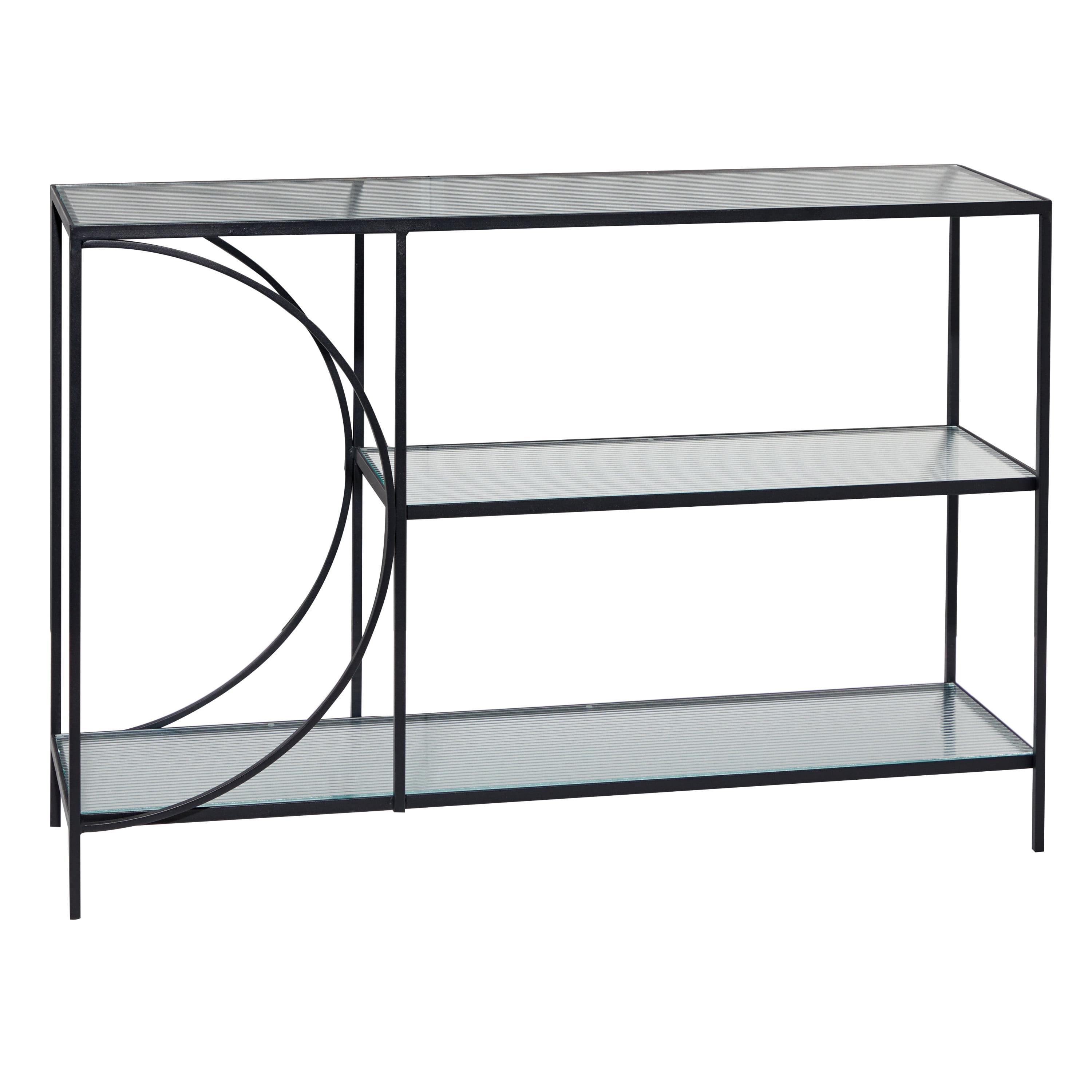 Black Metal and Glass Industrial Console Table with Storage Shelves