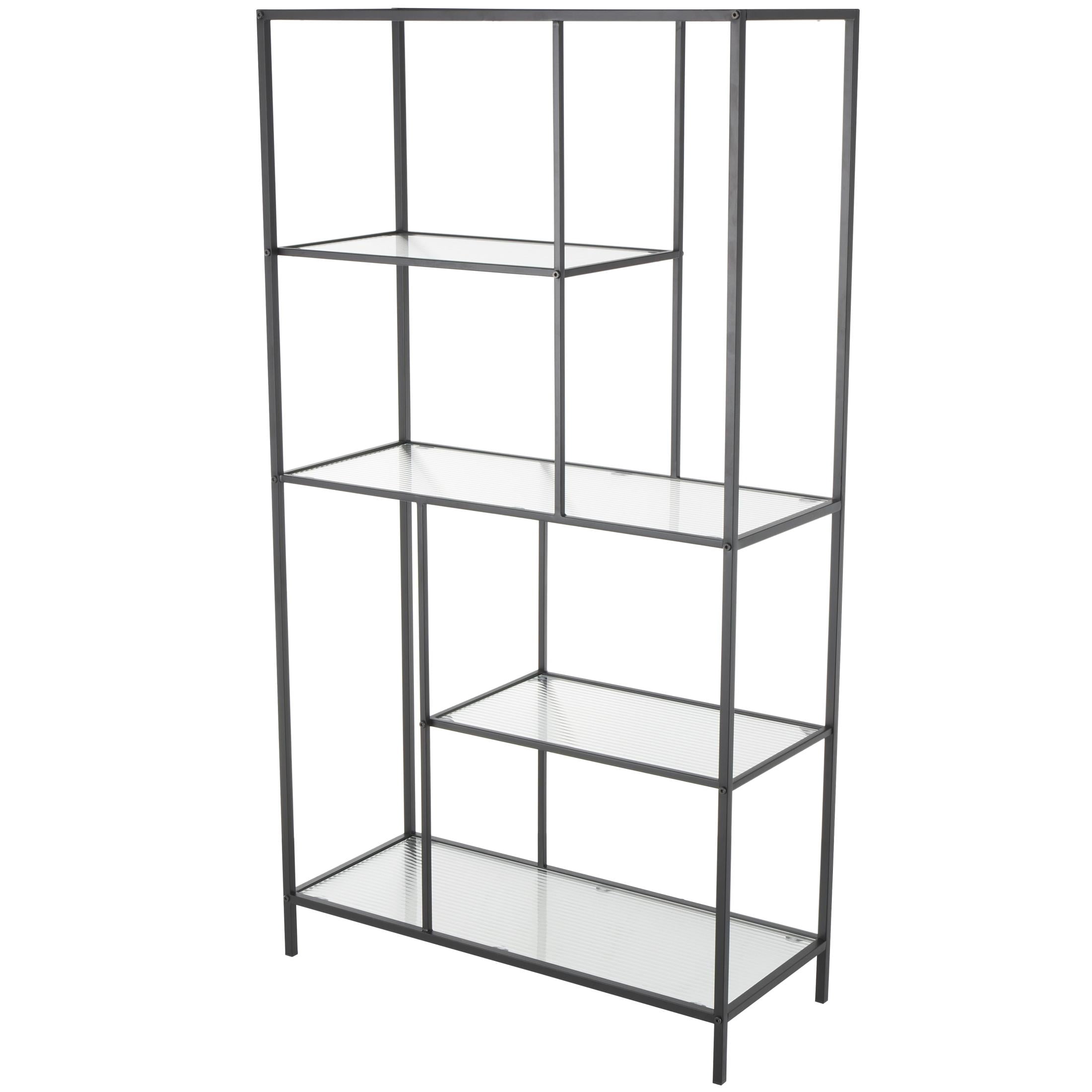 DecMode 32" x 58" Black Metal Geometric 5-Tier Shelving Unit with Clear Glass Shelves, 1-Piece