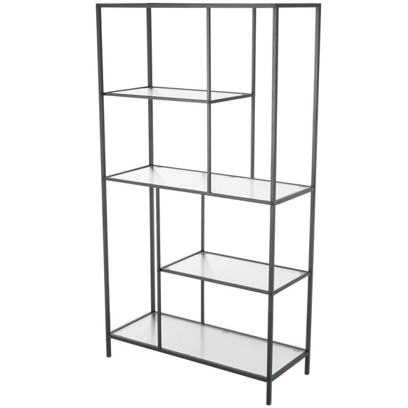 DecMode 32" x 58" Black Metal Geometric 5-Tier Shelving Unit with Clear Glass Shelves, 1-Piece
