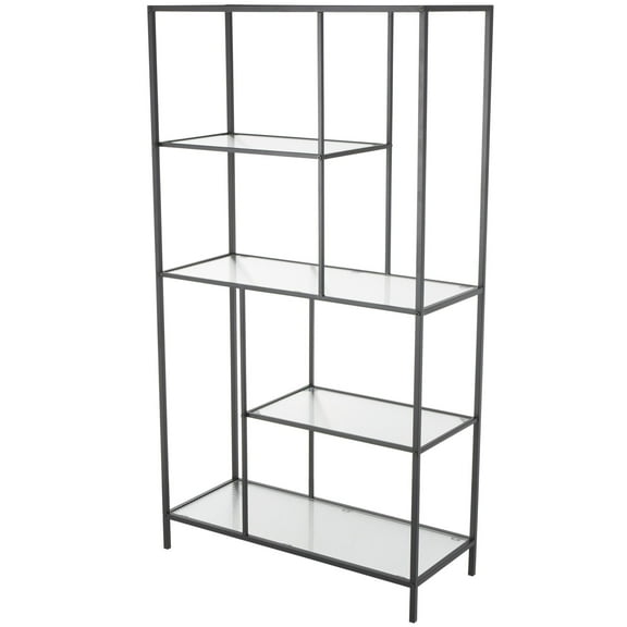 DecMode 32" x 58" Black Metal Geometric 5-Tier Shelving Unit with Clear Glass Shelves, 1-Piece