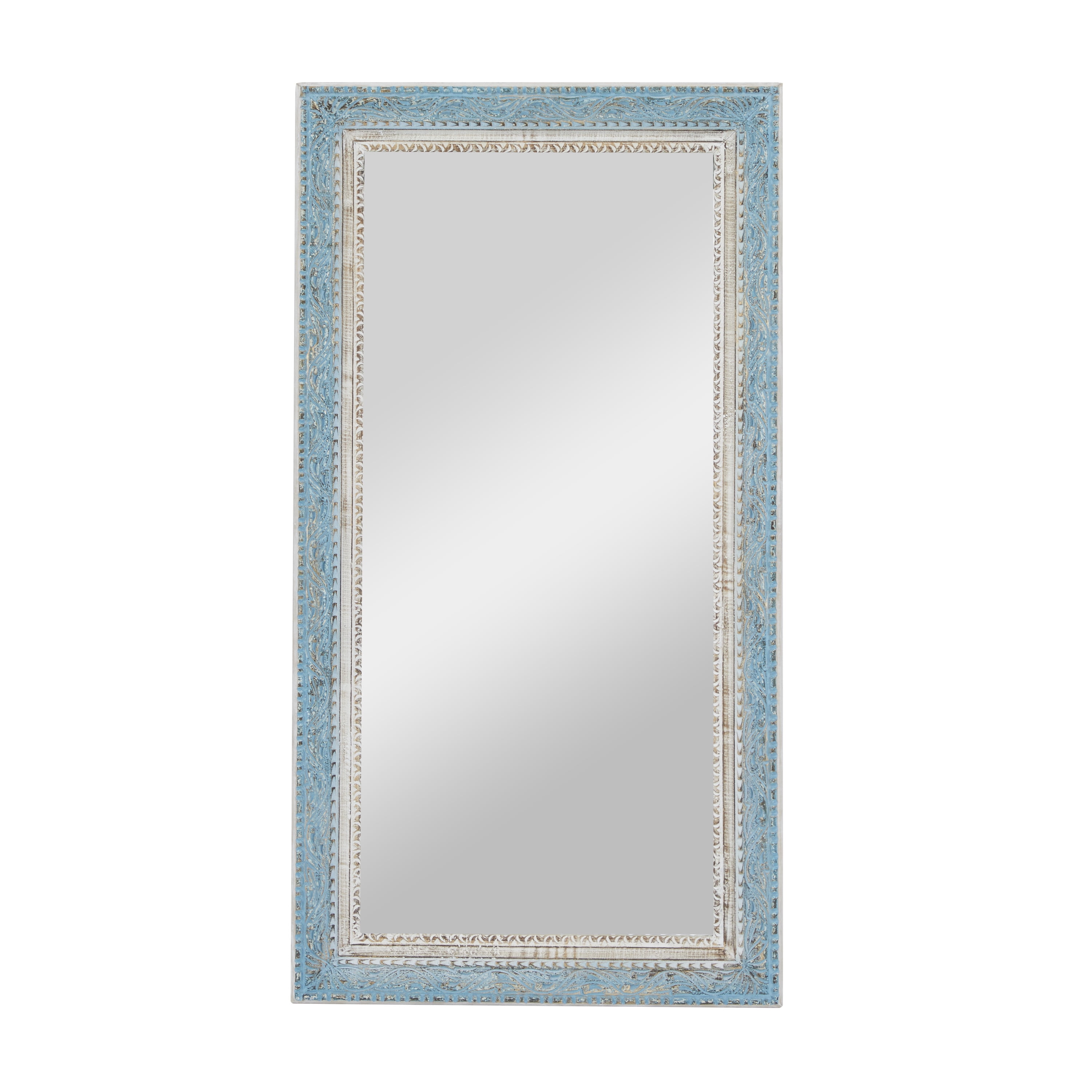 DecMode 32" x 60" Blue Carved Floral Wall Mirror